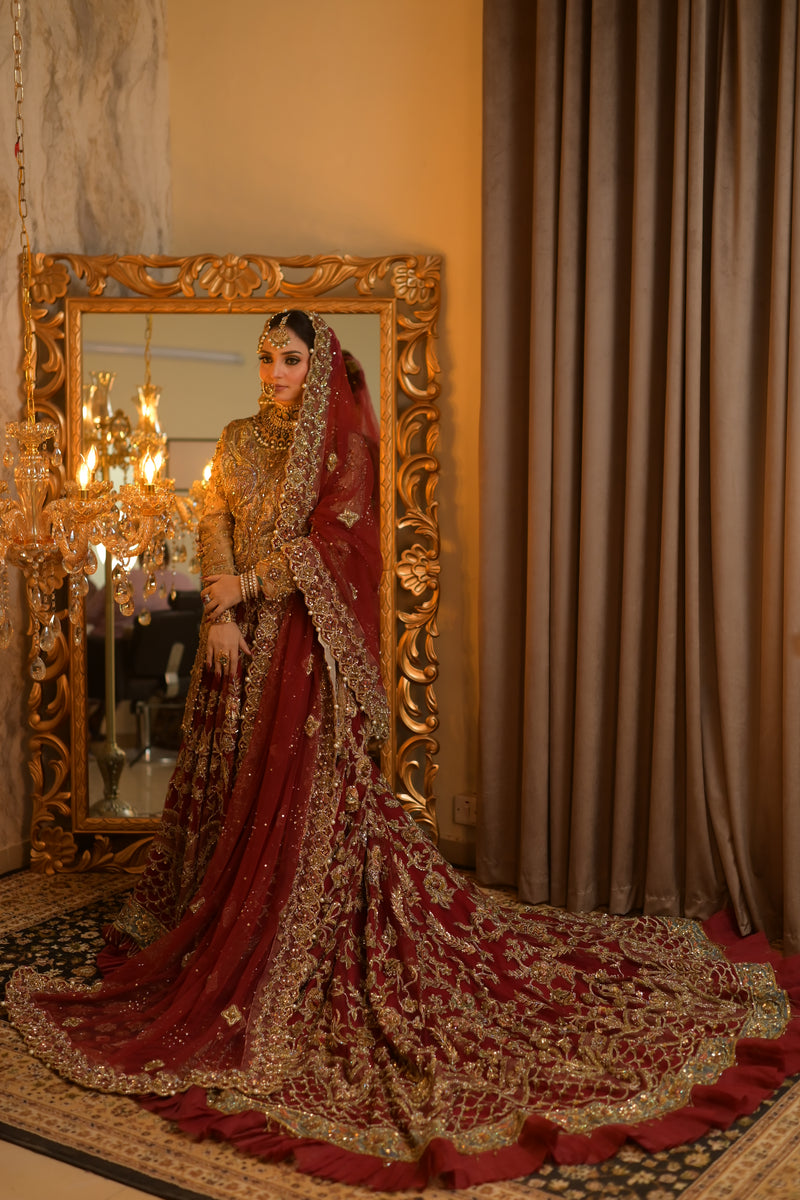 Maroon Gold Bridal Dress